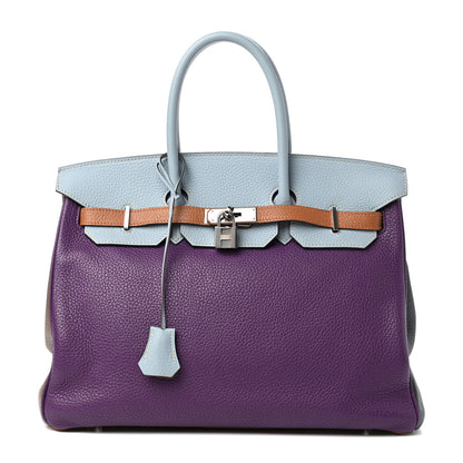 Hermes Taurillon Clemence Arlequin Birkin 35 Ultraviolet Etain Bleu Lin Bleu Orage Gold 1 of 10