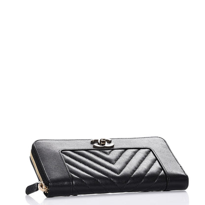 Chanel Sheepskin Chevron Quilted Zip Around Wallet Black 4 of 9