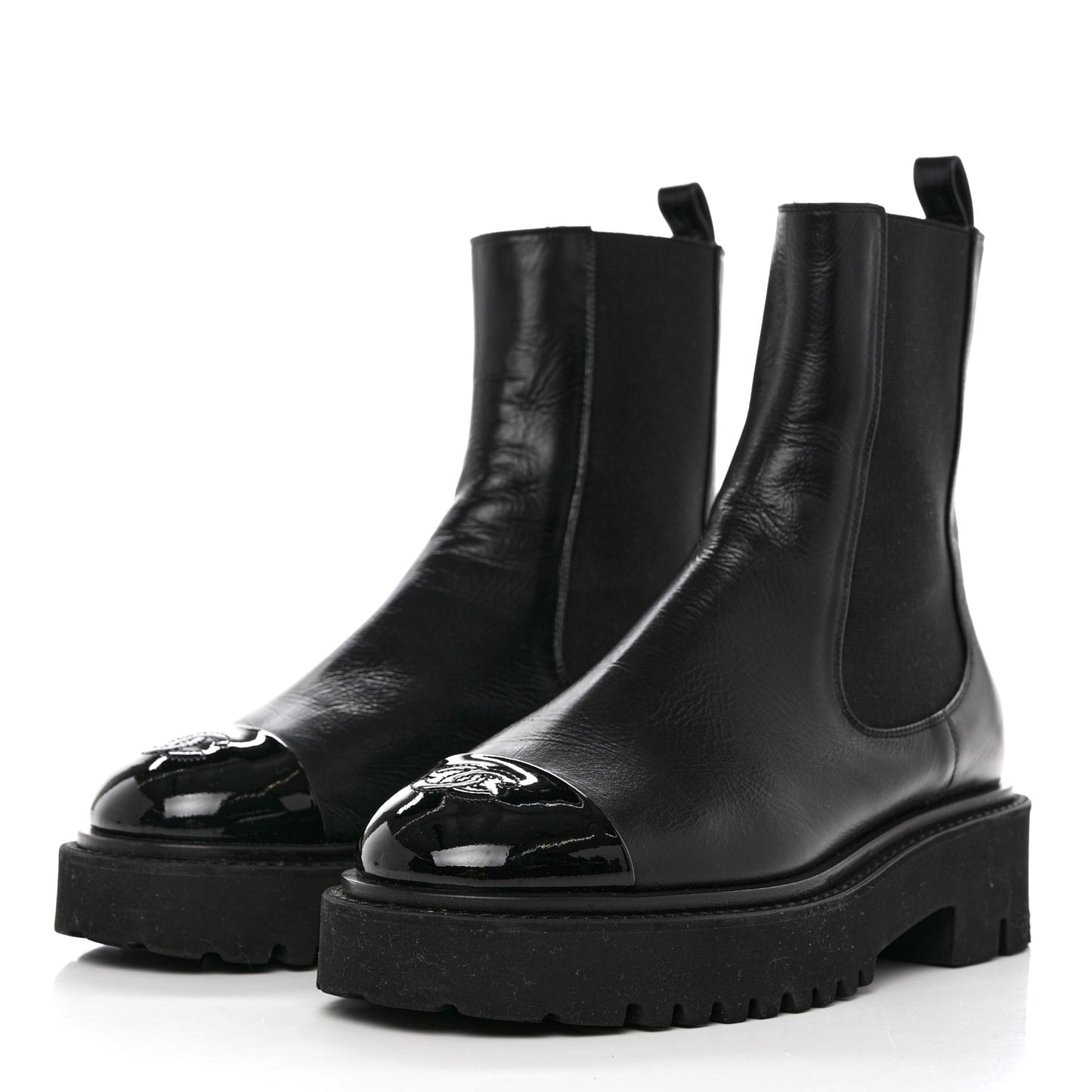 Crumpled Calfskin Patent Cap Toe Short Boots 38 Black