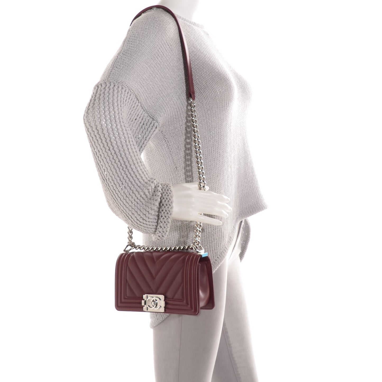 Calfskin Chevron Quilted Small Boy Flap Burgundy