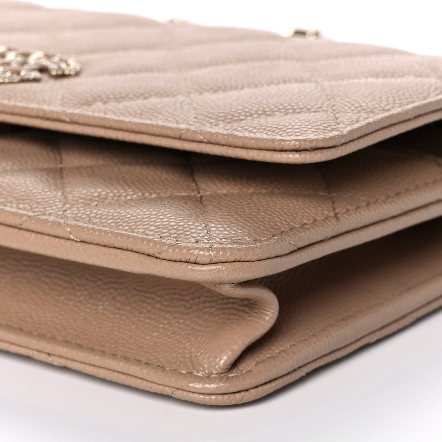 Caviar Quilted Crystal CC Wallet On Chain WOC Beige