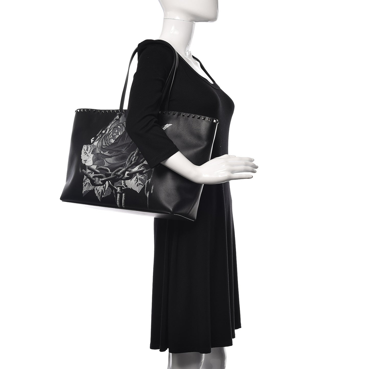X UNDERCOVER Calfskin Print Rockstud Shoulder Tote Black
