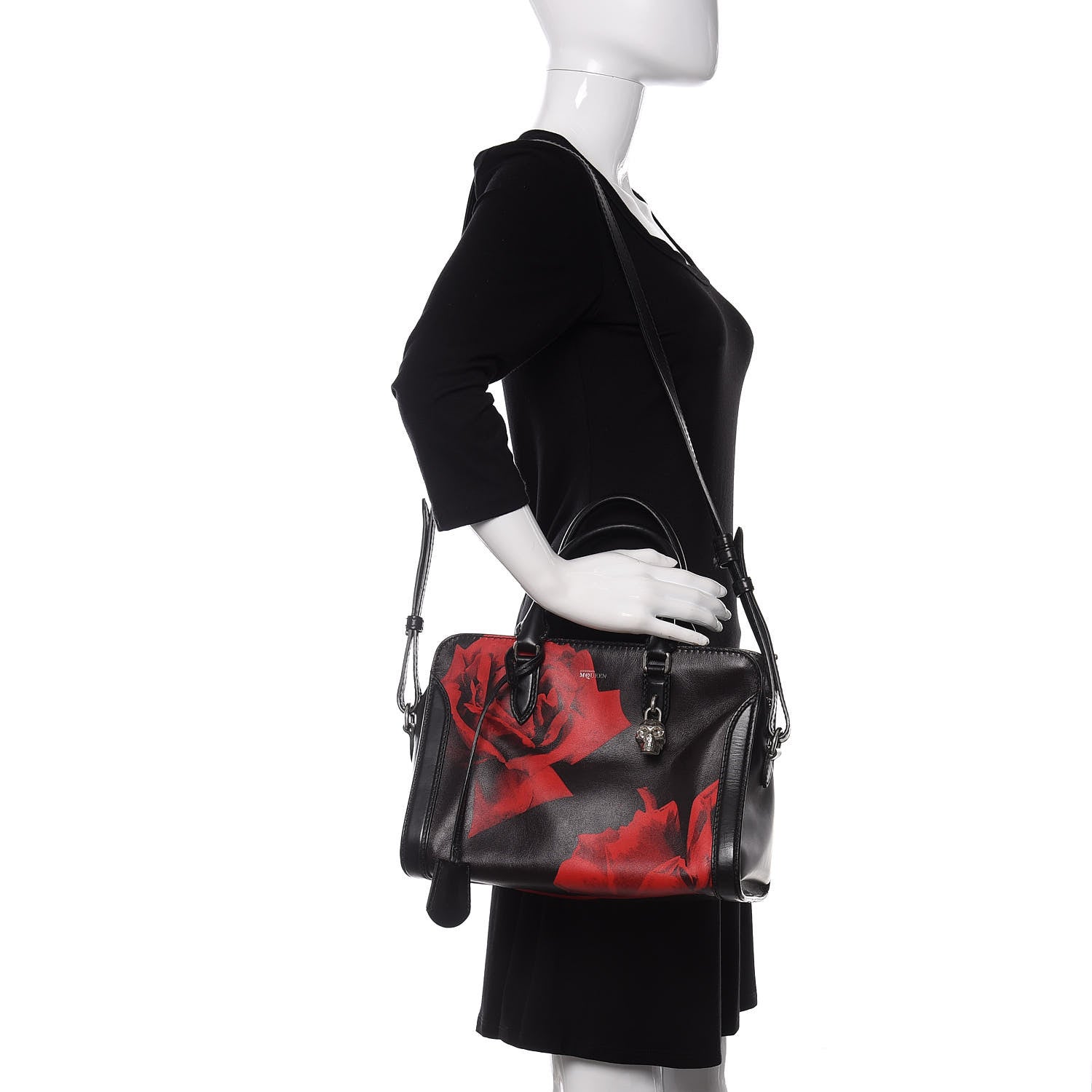 Alexander McQueen Calfskin Rose Printed Small Skull Padlock Zip Around Tote Black 2 of 13