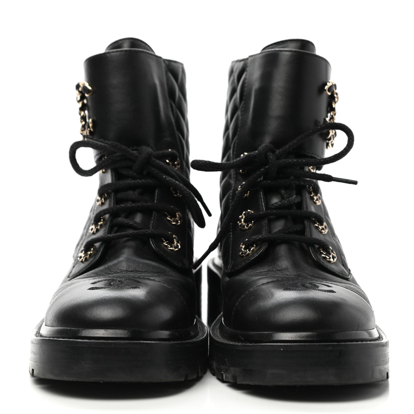 Lambskin Calfskin Quilted Lace Up Combat Boots 38.5 Black