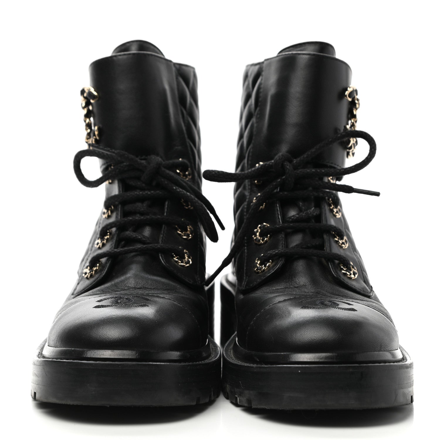 Chanel Lambskin Calfskin Quilted Lace Up Combat Boots 38.5 Black 2 of 10