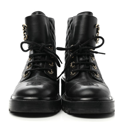Chanel Lambskin Calfskin Quilted Lace Up Combat Boots 38.5 Black 2 of 10