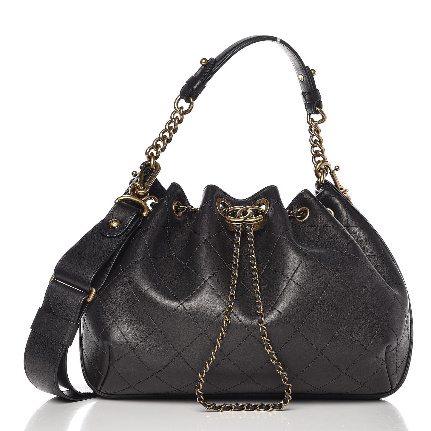 Calfskin Stitched Medium Drawstring CC Bag Black