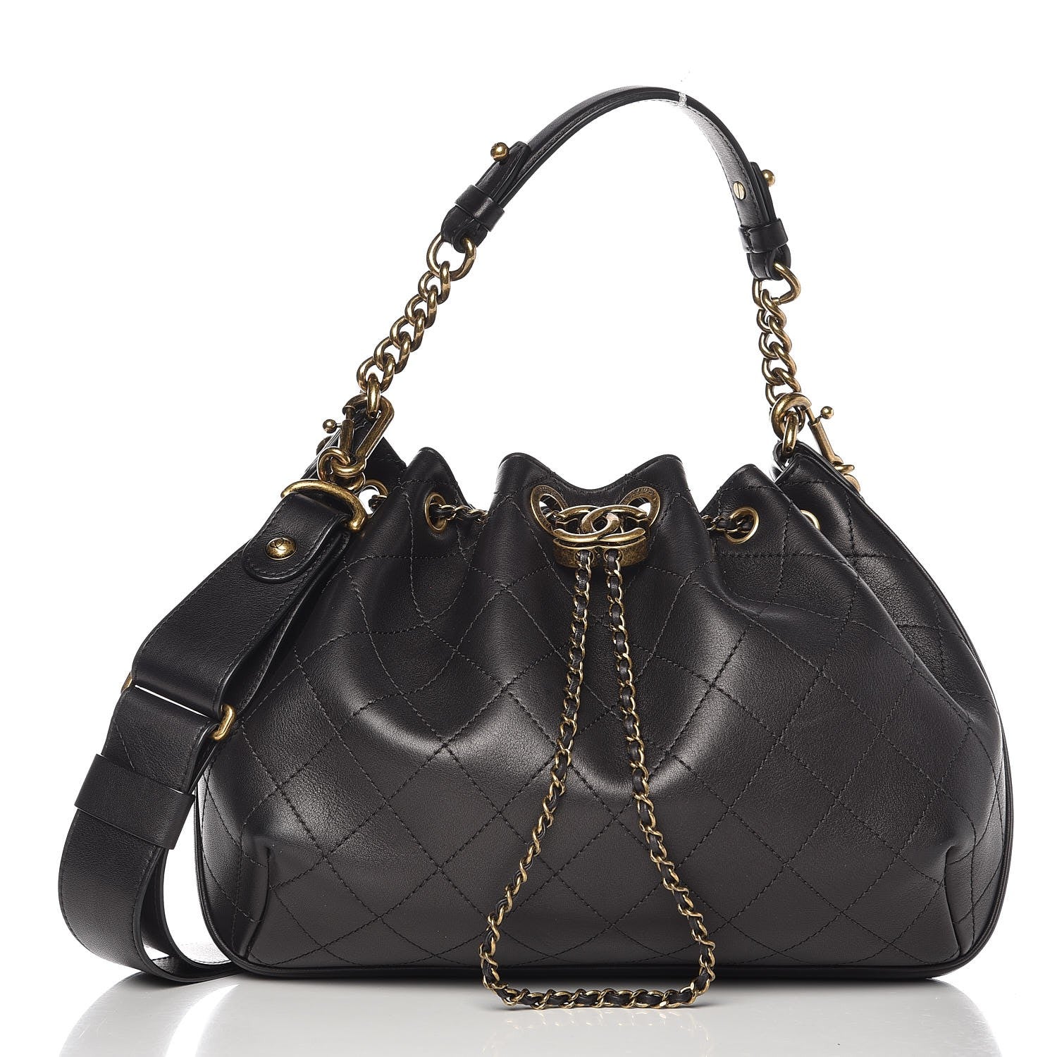Chanel Calfskin Stitched Medium Drawstring CC Bag Black 1 of 8