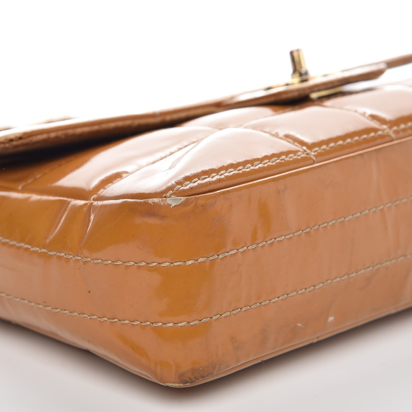 Patent Quilted Medium Chocolate Bar Flap Tan