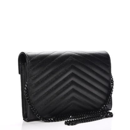 Saint Laurent Grain De Poudre Matelasse Chevron Monogram Chain Wallet Black 3 of 7
