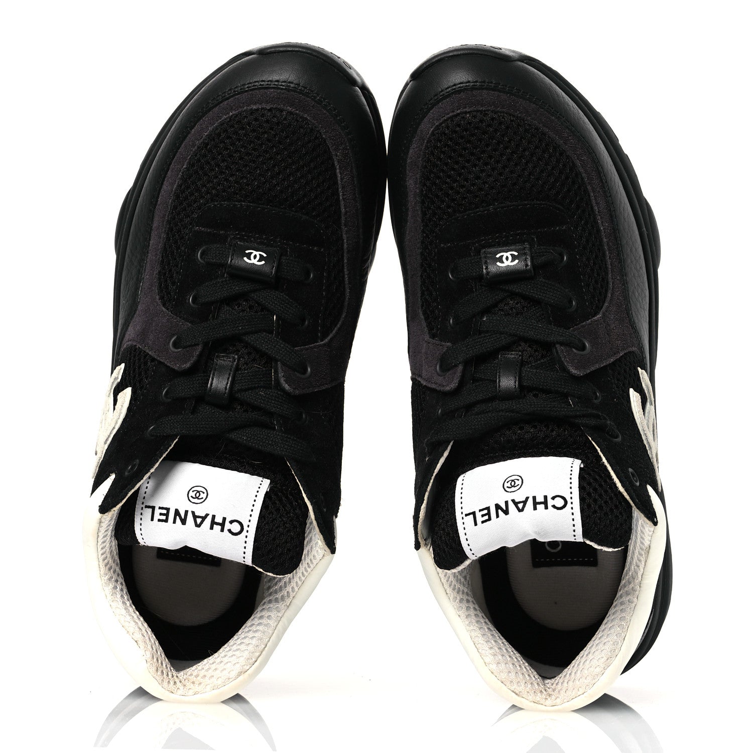 Chanel Mesh Suede Grained Calfskin Womens CC Sneakers 37 Black White 2 of 11