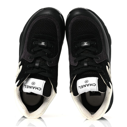 Chanel Mesh Suede Grained Calfskin Womens CC Sneakers 37 Black White 2 of 11