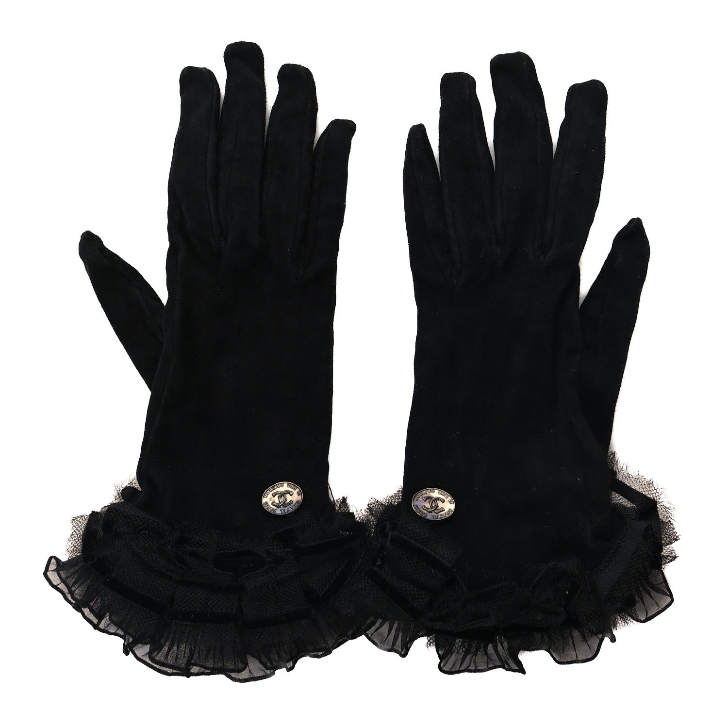 Chanel Suede Lace CC Gloves 7.5 Black 1 of 3