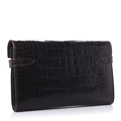 Hermes Matte Alligator Kelly Longue Wallet Chocolate 3 of 13