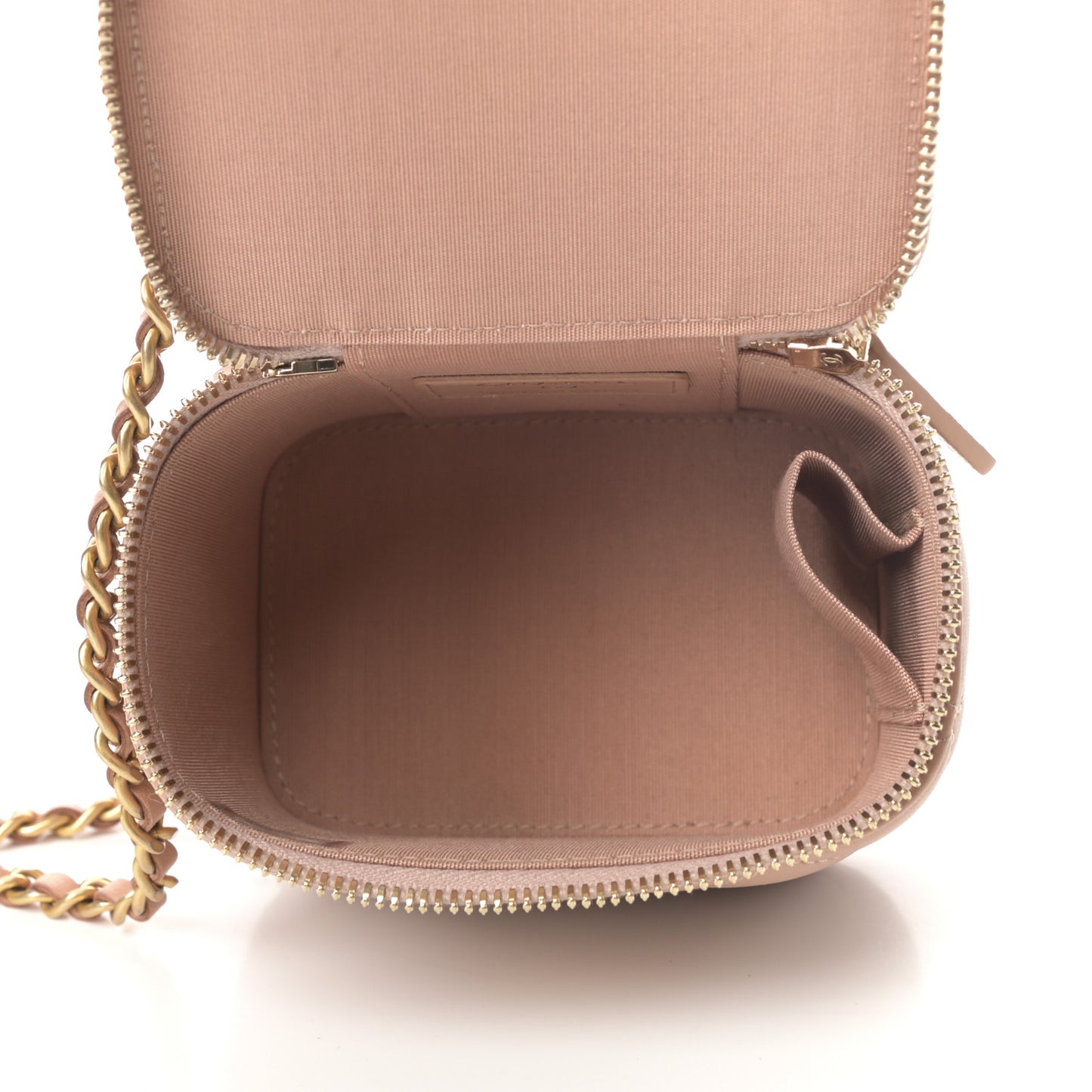 Lambskin Quilted Top Handle Mini Vanity Case With Chain Beige