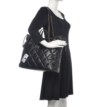 Chanel Lambskin Quilted Drawstring Shopping Bag Black 2 of 11
