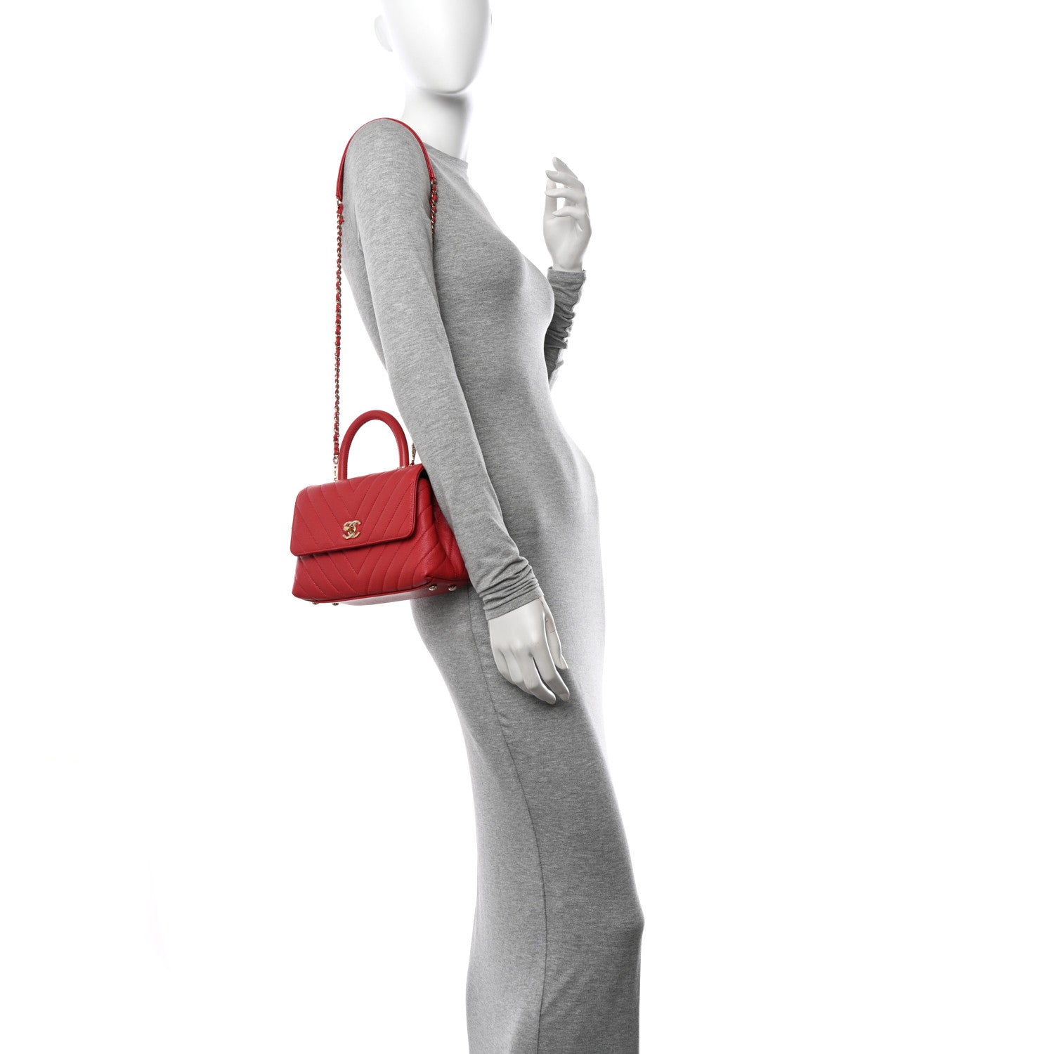 Chanel Caviar Chevron Quilted Mini Coco Handle Flap Red 3 of 10