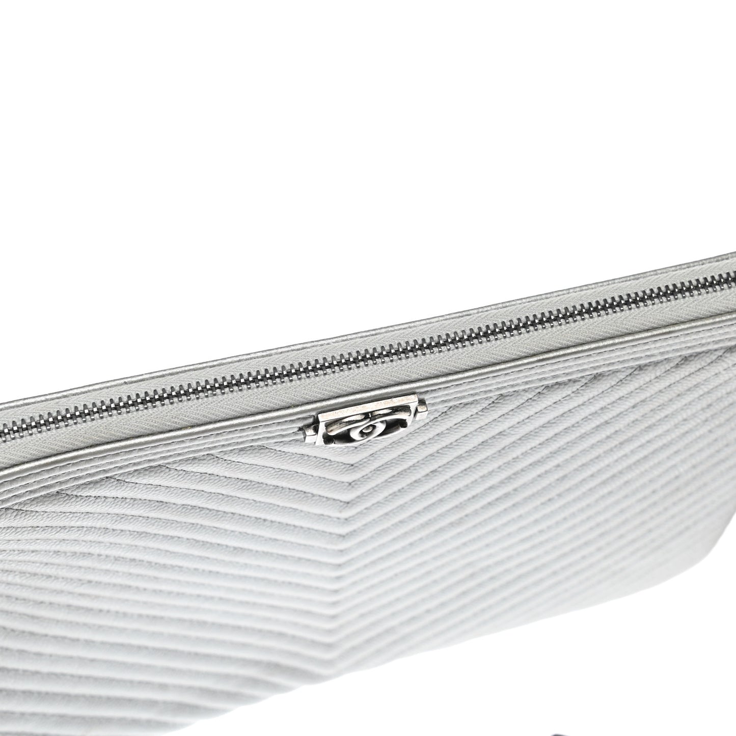 Metallic Caviar Chevron Quilted Medium Boy Cosmetic Case Silver