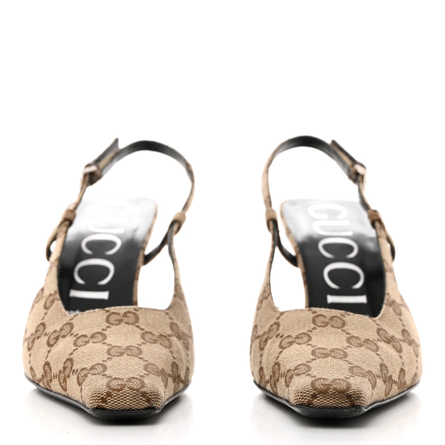 Gucci Monogram Malga Kid Square G 75mm Slingback Pumps 37.5 Beige Ebony New Acero 2 of 7