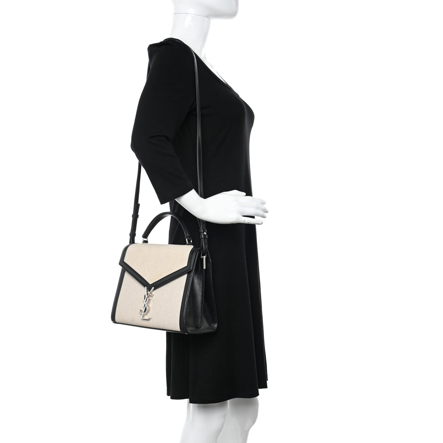 Canvas Calfskin Medium Classic Monogram Cassandra Top Handle Natural Black