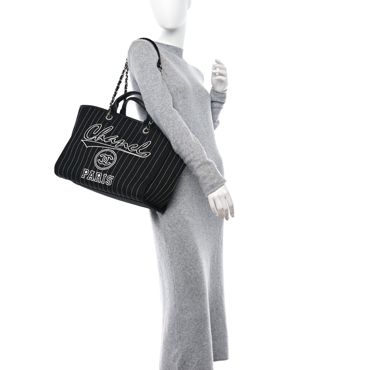 Canvas Calfskin Striped Medium Deauville Tote Black White