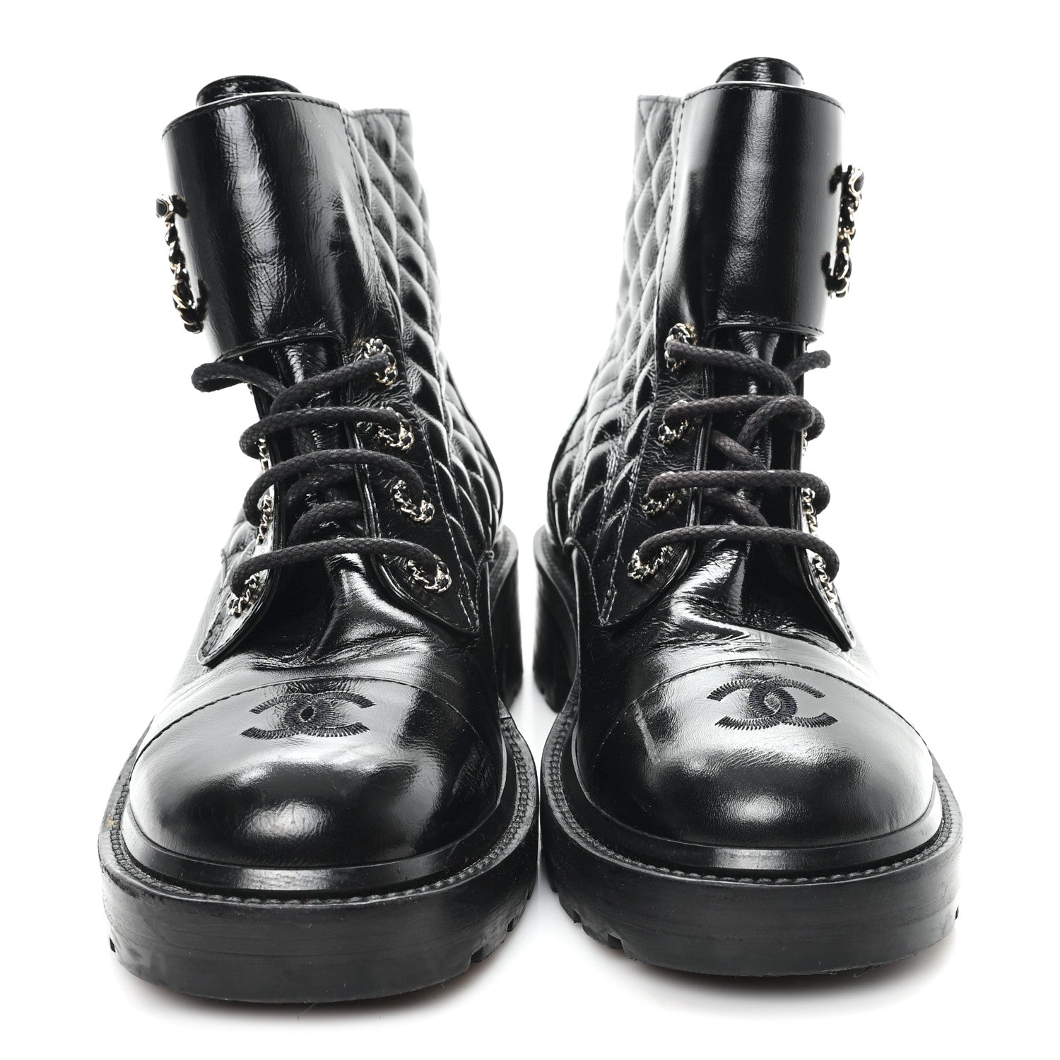 Chanel Shiny Goatskin Calfskin Quilted Lace Up Combat Boots 40.5 Black 3 of 9