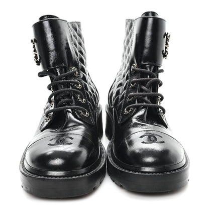 Chanel Shiny Goatskin Calfskin Quilted Lace Up Combat Boots 40.5 Black 3 of 9