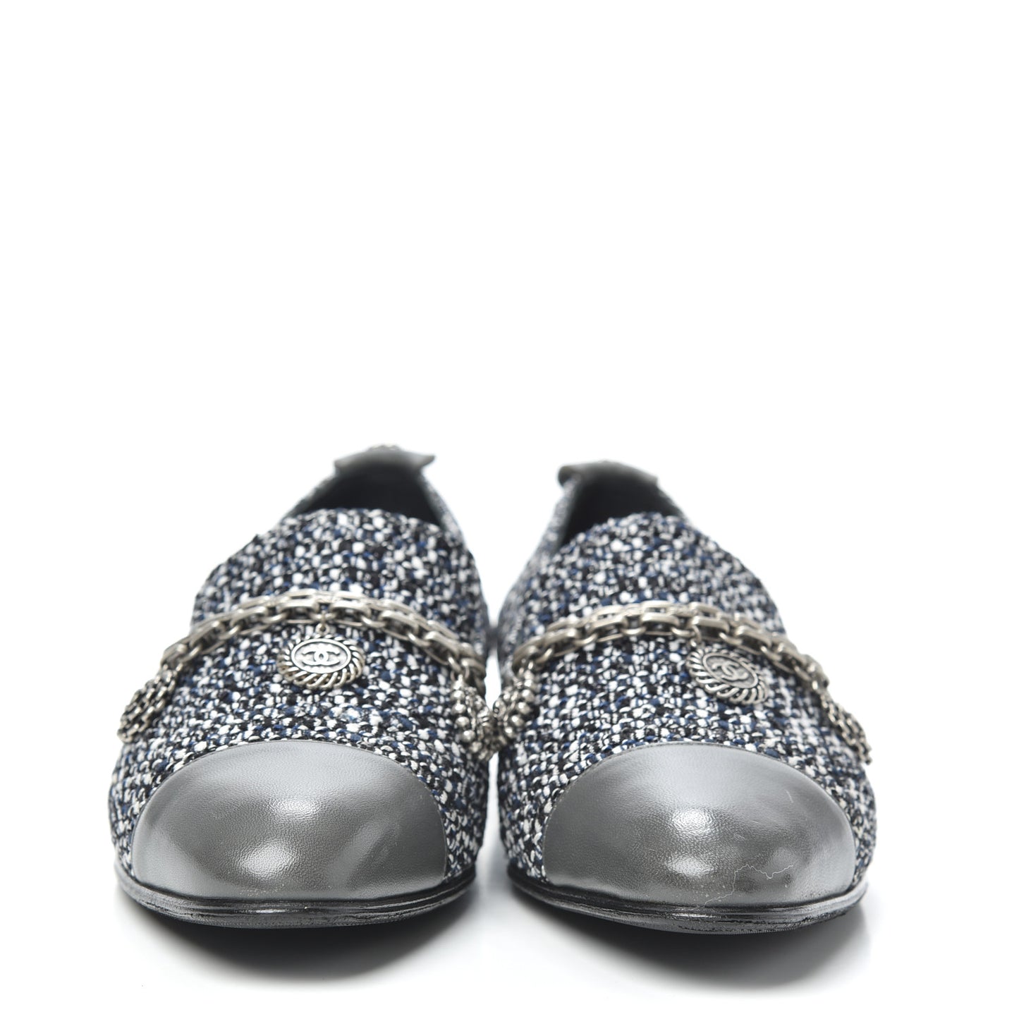 Tweed Lambskin Cap Toe Chain Moccasin Loafers 37 Dark Grey Blue White