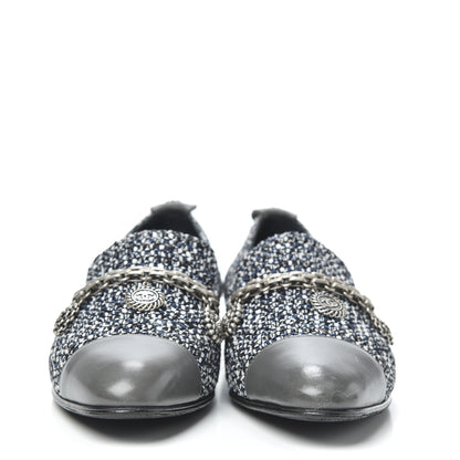 Chanel Tweed Lambskin Cap Toe Chain Moccasin Loafers 37 Dark Grey Blue White 2 of 7