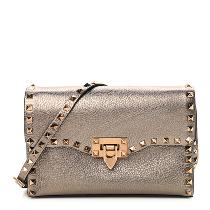 Valentino Garavani Metallic Pebbled Calfskin Medium Rockstud Flip Lock Crossbody Bag Sasso 1 of 9
