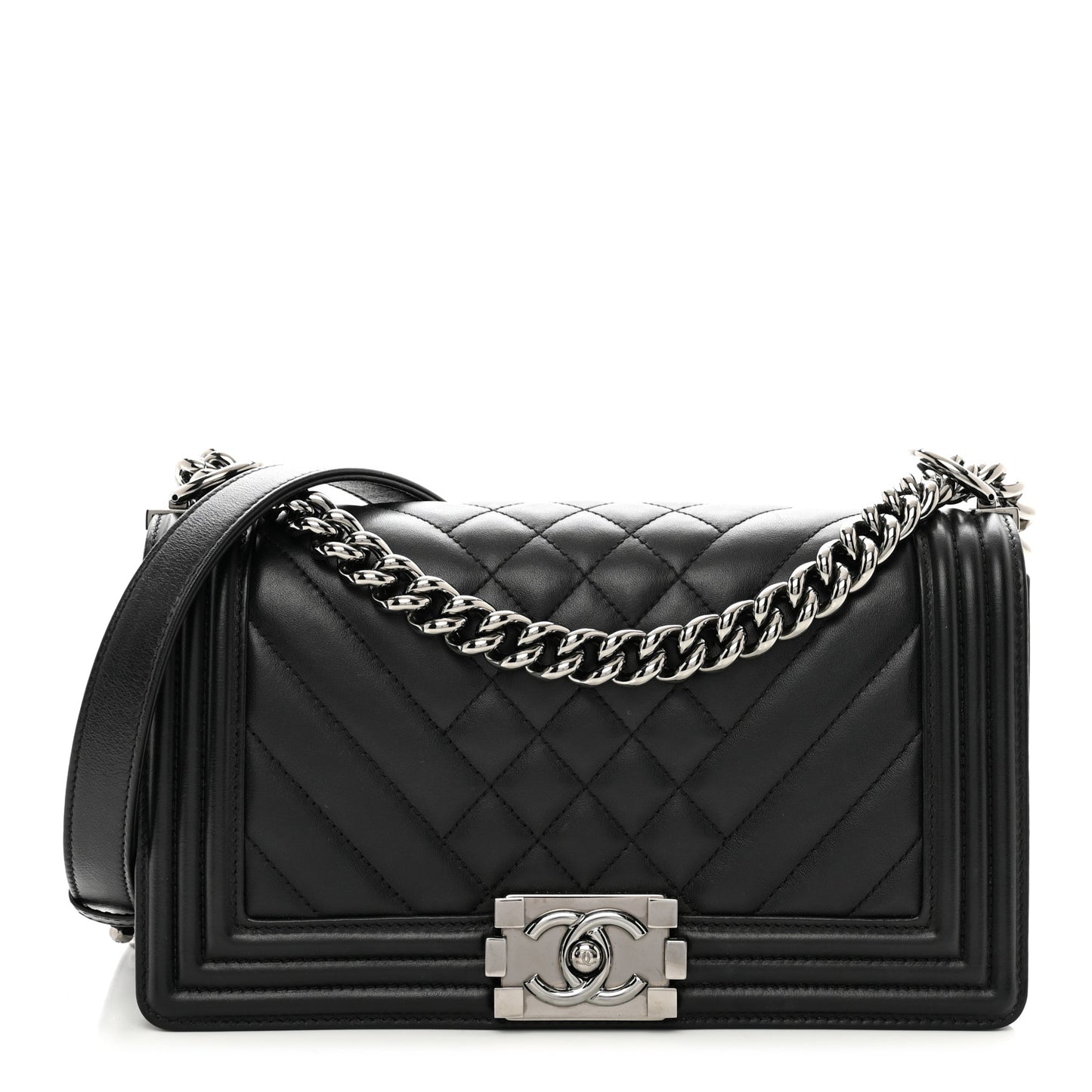 Calfskin Chevron Quilted Medium Boy Flap Black