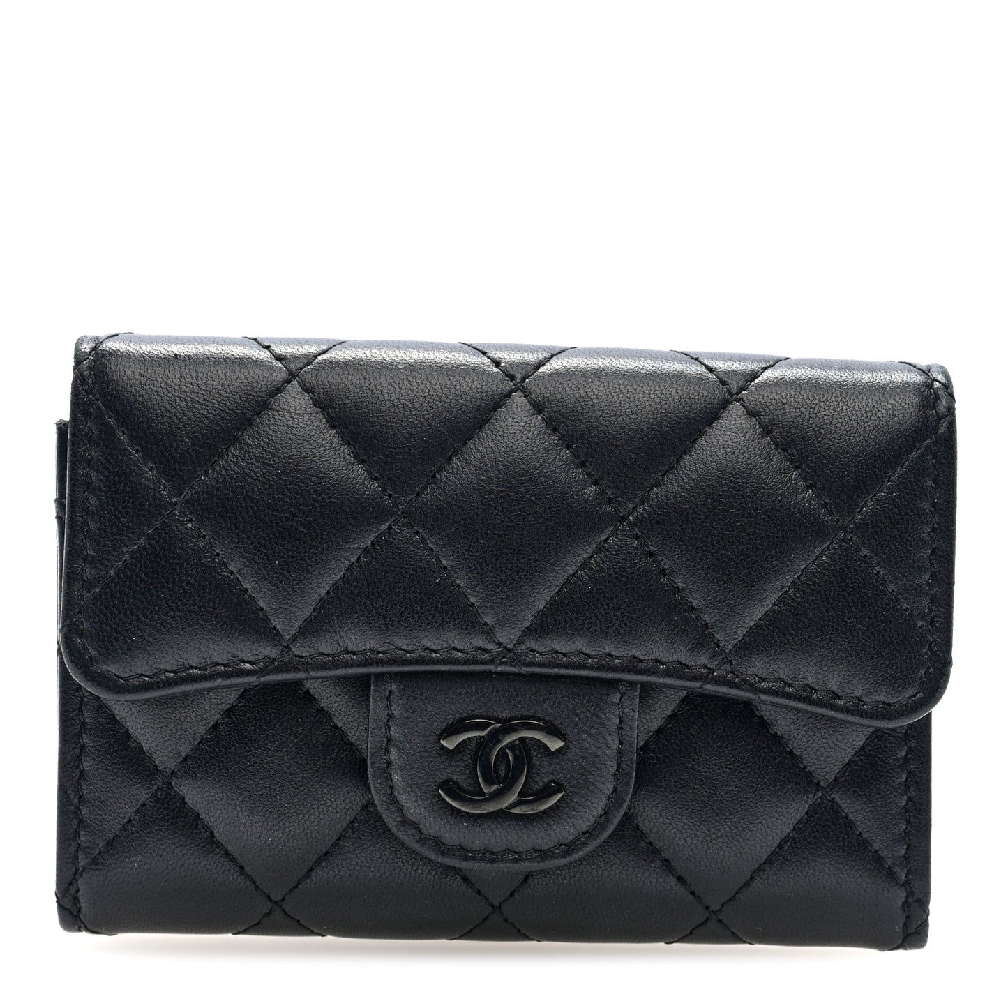 Lambskin Quilted Flap Card Holder Wallet So Black