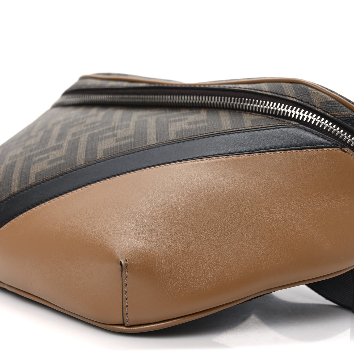 Fendi Glazed Fabric Vitello Cover FF 1974 Diagonal Bi-Color Belt Bag Tobacco Moro Sand Black 8 of 8