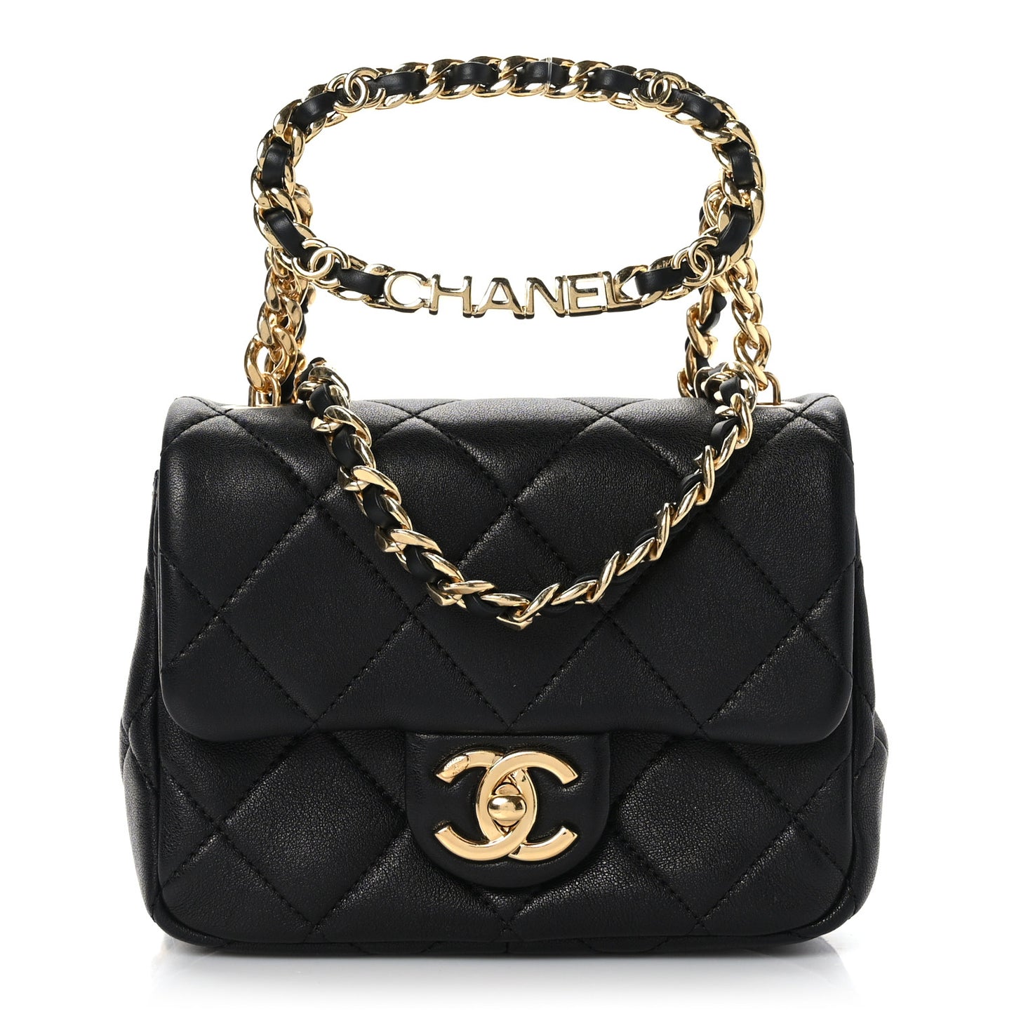 Lambskin Metal Quilted Mini Top Handle Square Flap Black