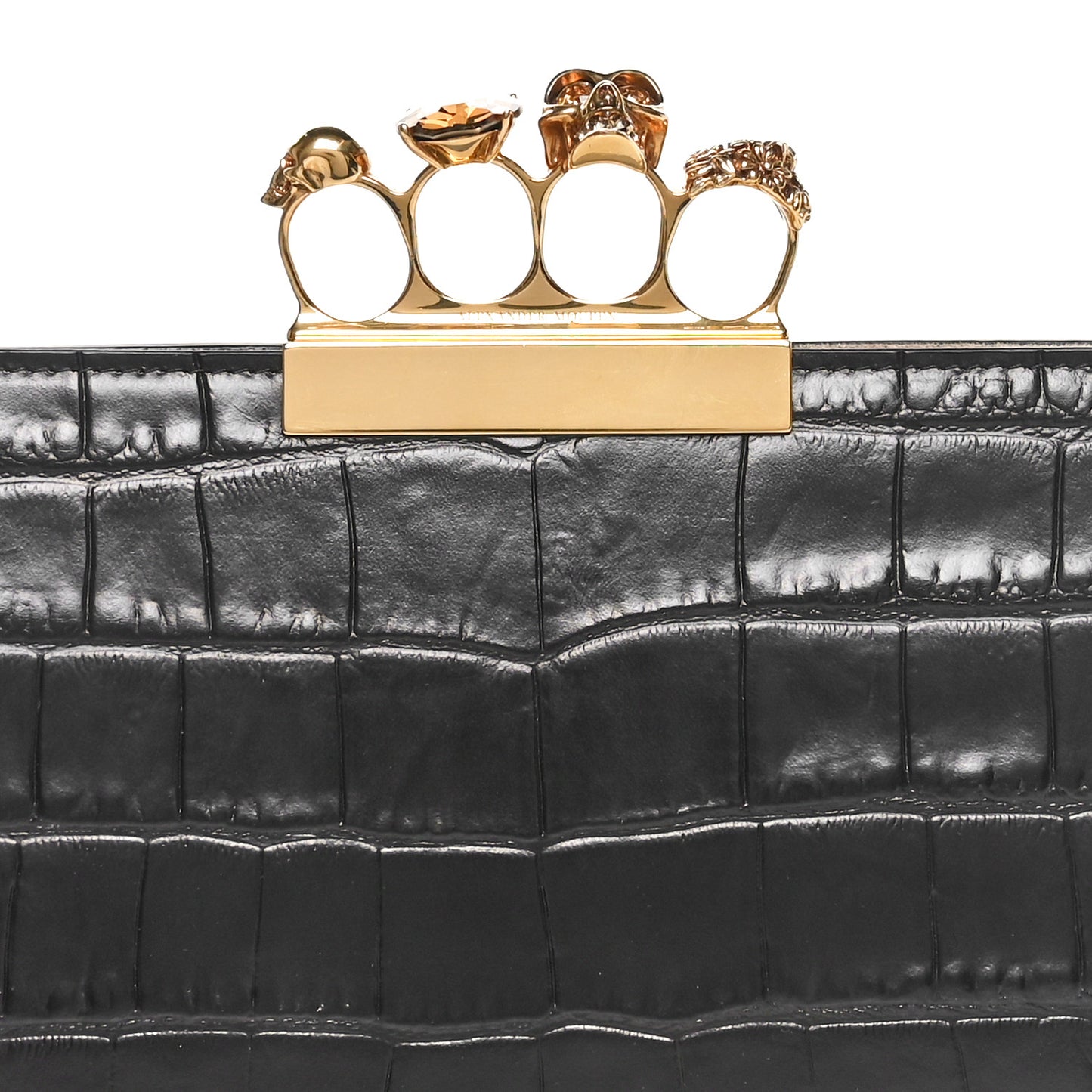 Calfskin Crocodile Embossed Knuckle Flat Clutch Black Gold