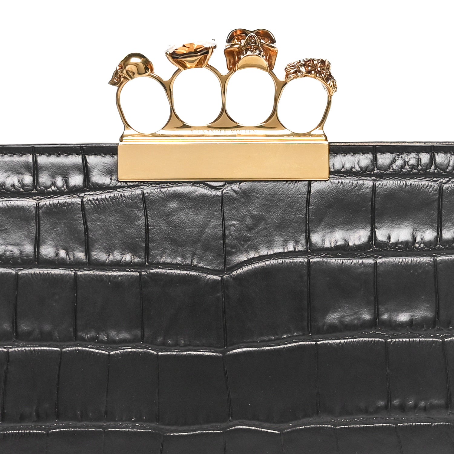 Alexander McQueen Calfskin Crocodile Embossed Knuckle Flat Clutch Black Gold 5 of 10