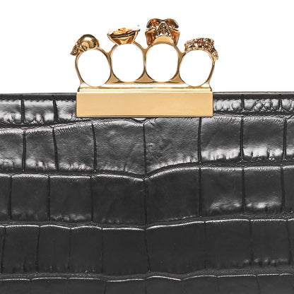 Alexander McQueen Calfskin Crocodile Embossed Knuckle Flat Clutch Black Gold 5 of 10