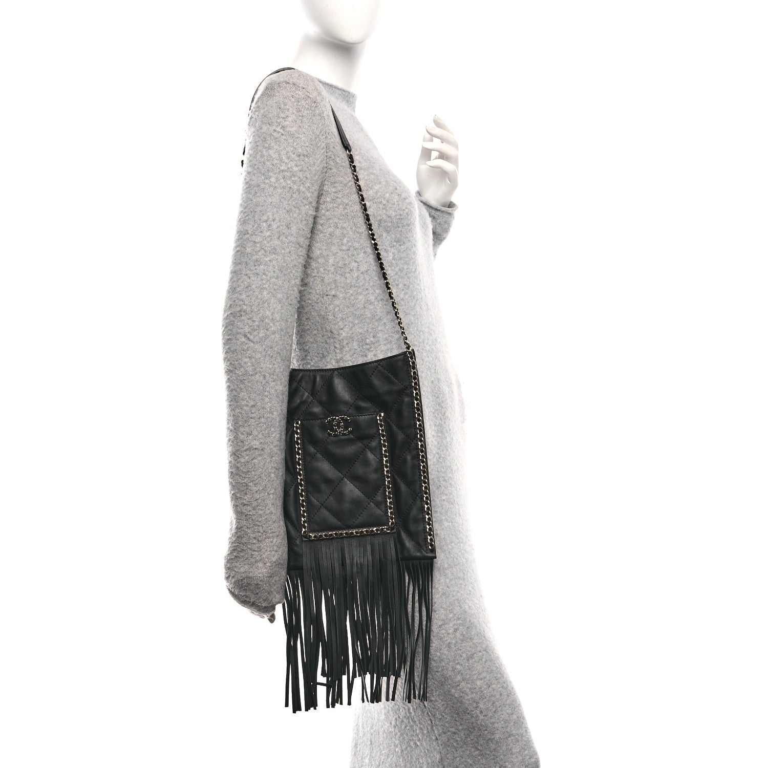 Chanel Calfskin Quilted Fringe Small Shopping Bag Black 2 of 10