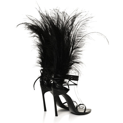 Saint Laurent Feather Embellished Calfskin Talitha Ankle-Wrap Sandals 39 Black 4 of 11