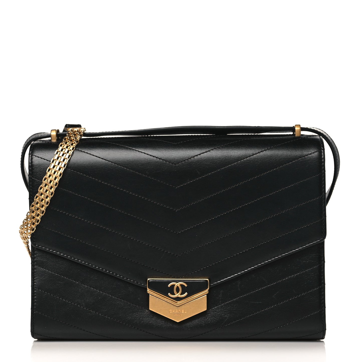 Calfskin Chevron Quilted Medal Flap Black