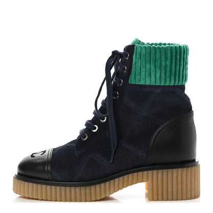Chanel Suede Calfskin Velvet Quilted CC Combat Boots 35 Navy Green Black 1 of 10