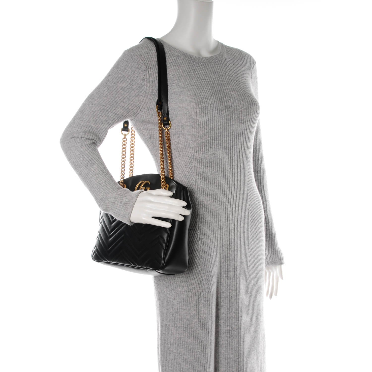 Gucci Calfskin Matelasse Medium GG Marmont Open Top Shoulder Bag Black 2 of 7