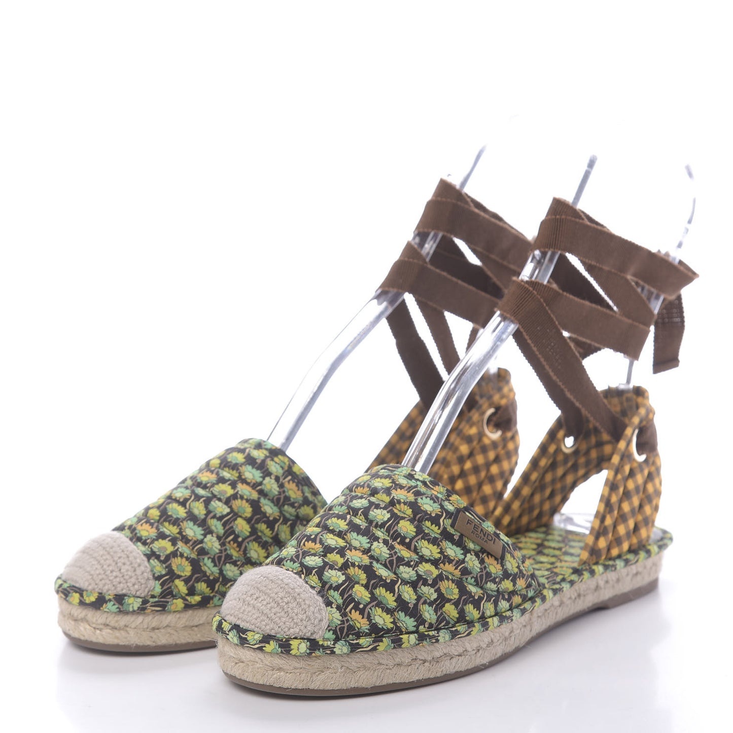 Canvas Quilted Floral Print Gingham Ankle Wrap Flat Espadrilles 37 Multicolor