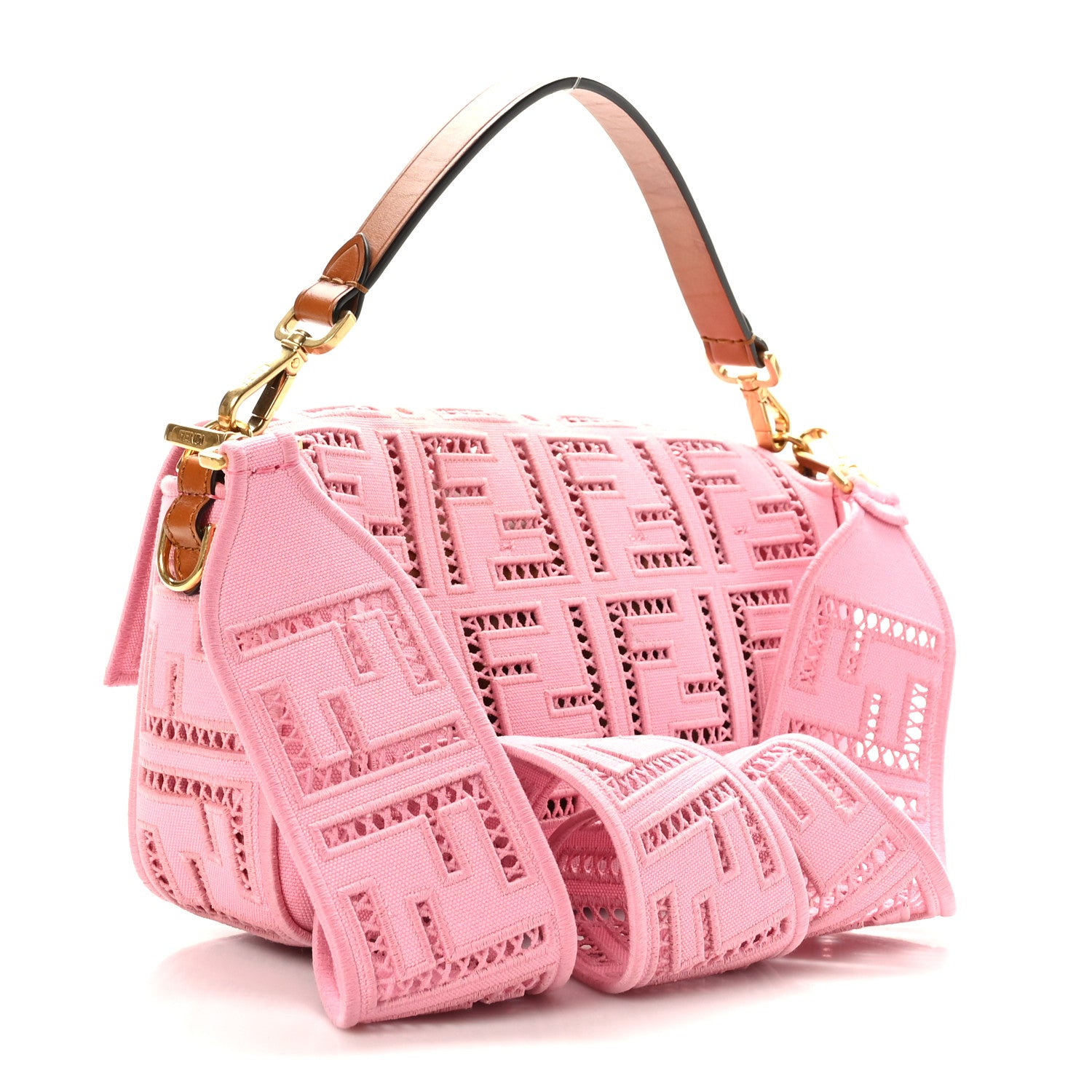 Fendi Canvas Cuoio Agata FF Ajour Embroidered Baguette Ciclamino Cuoio 3 of 10
