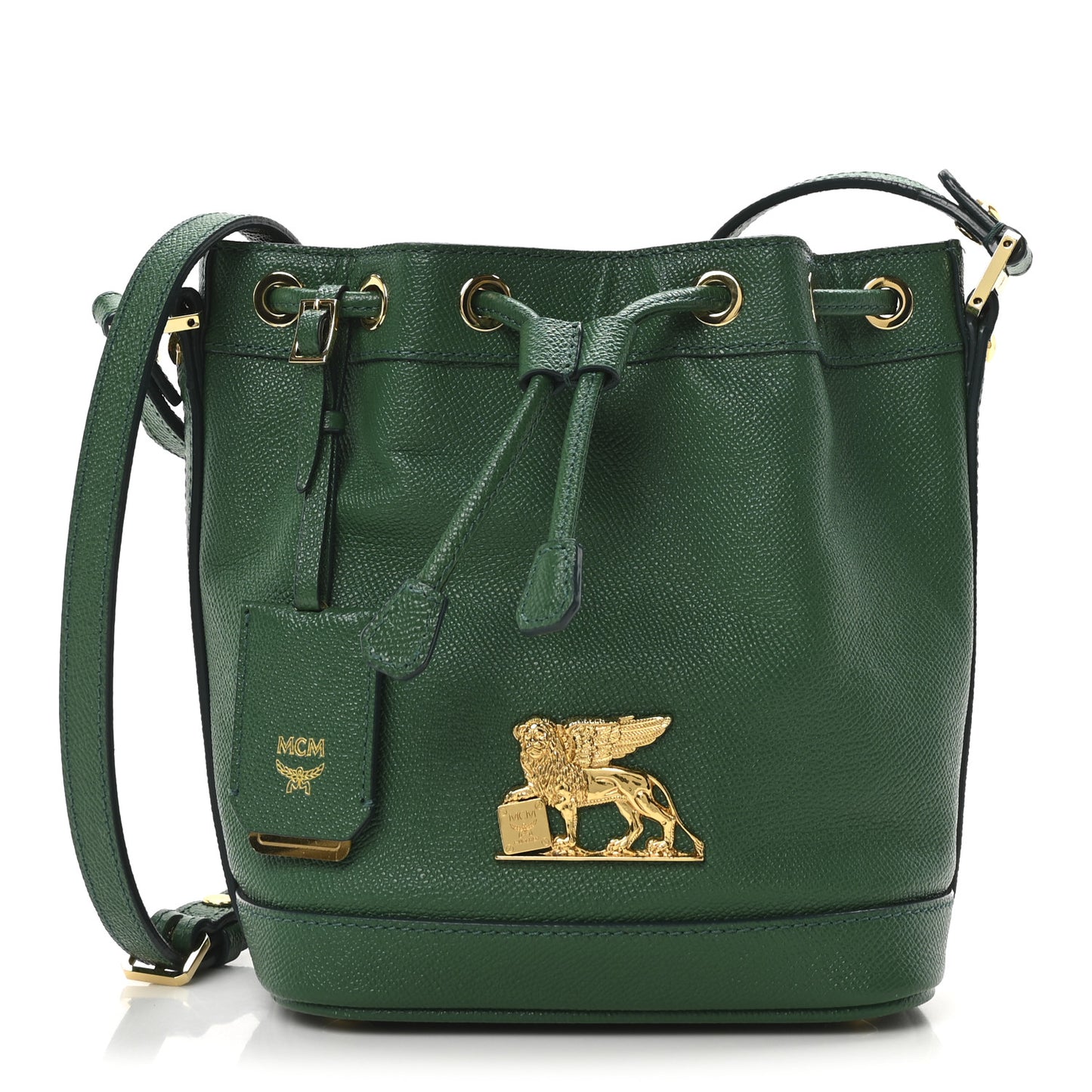Grained Calfskin Mini Drawstring Bucket Bag Green