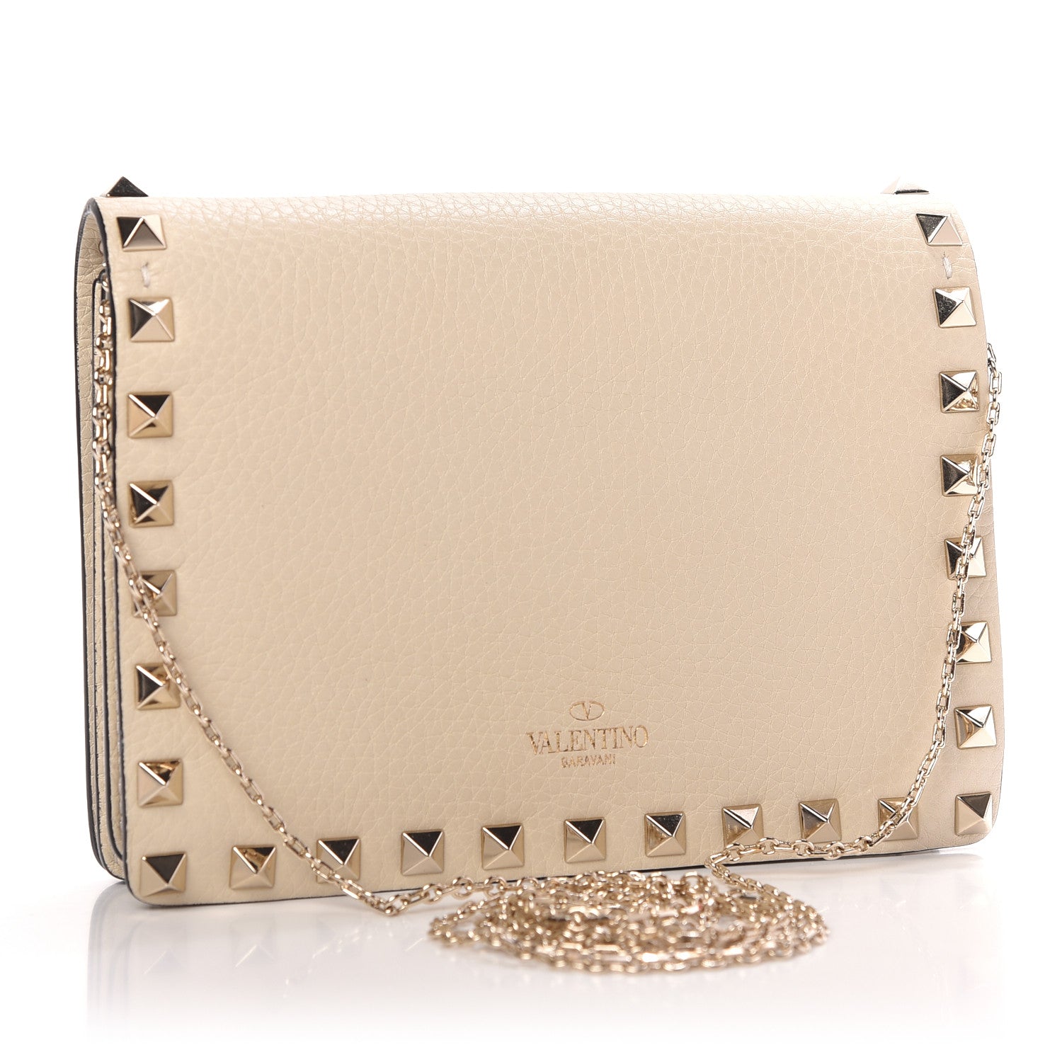 Valentino Garavani Pebbled Calfskin Rockstud Wallet on Chain Light Ivory 3 of 10