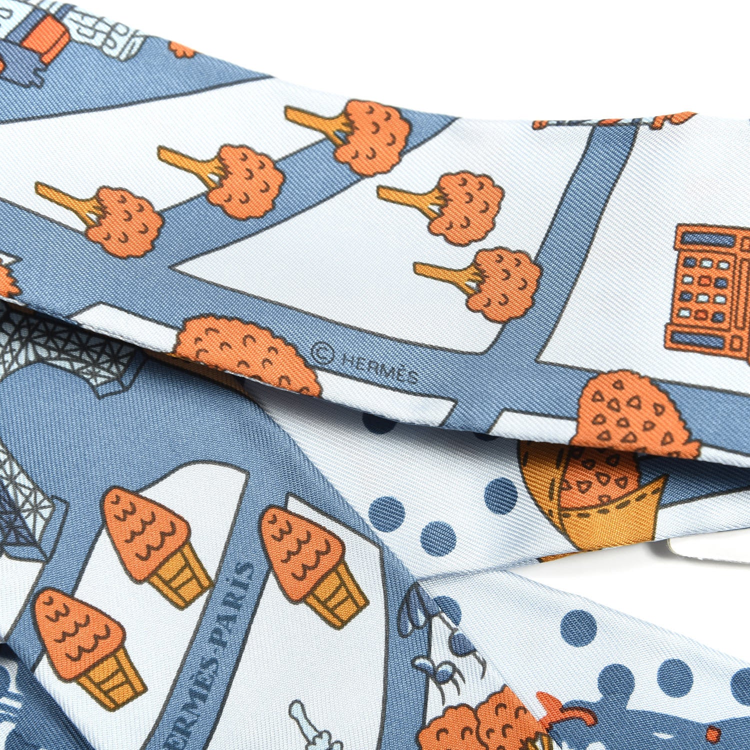 Hermes Silk Les Nouveaux Amoureux de Paris Twilly Ciel Blue Jean Orange 4 of 4