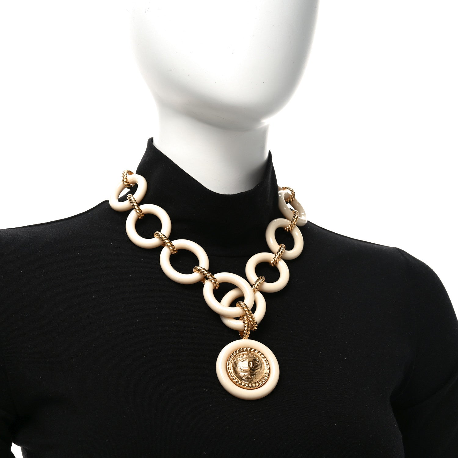 Chanel Resin Metal CC Medallion Necklace Beige Gold 2 of 4