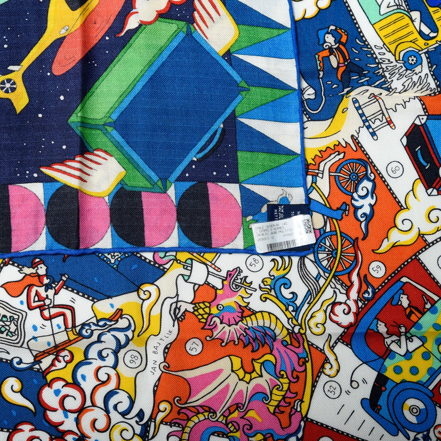 Hermes Cashmere Silk L'Epopee D'Hermes Shawl 140 Bleu Jaune Multicolore 3 of 5