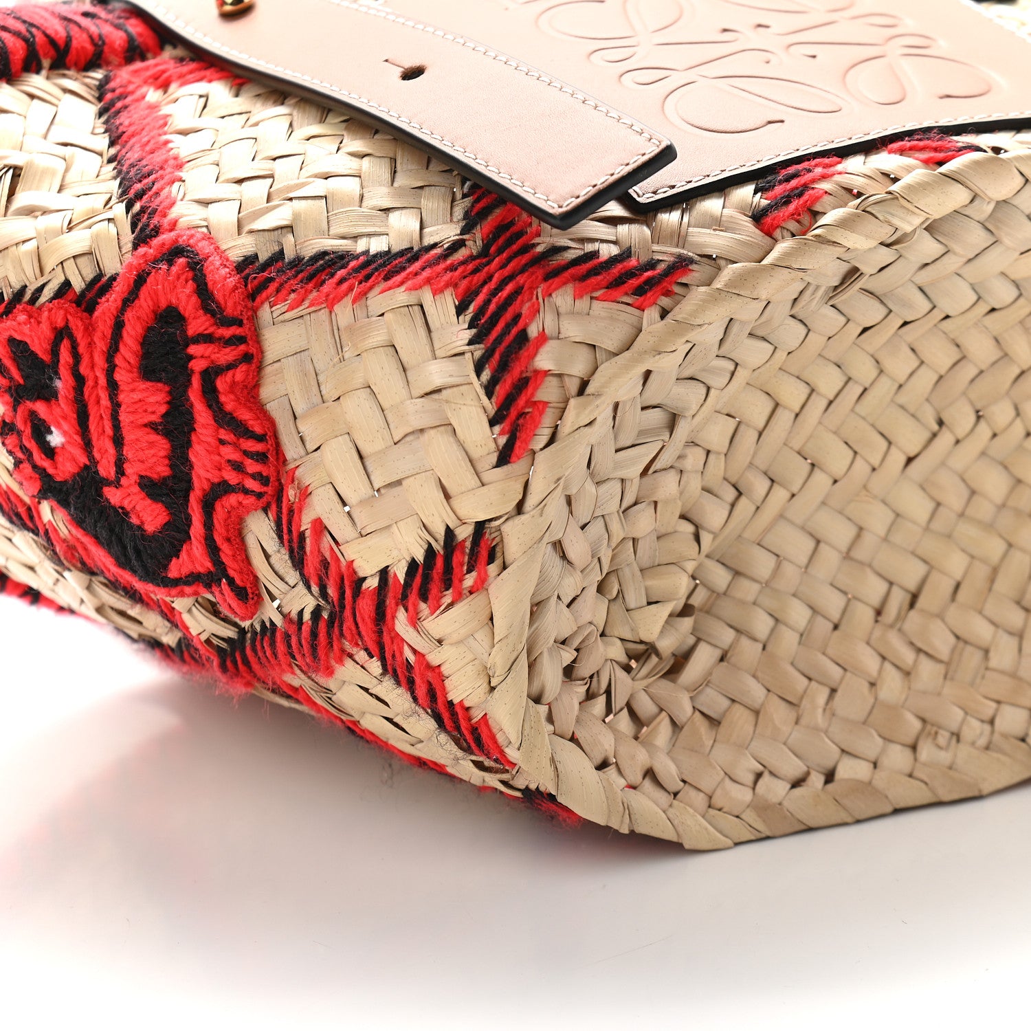 Loewe Embroidered Raffia Basket Tote Bag Natural Tan Red 7 of 8